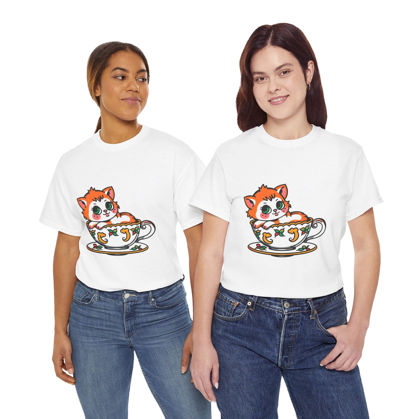 Cute Cat in Teacup Unisex Heavy Cotton Tee - Perfect for Cat Lovers