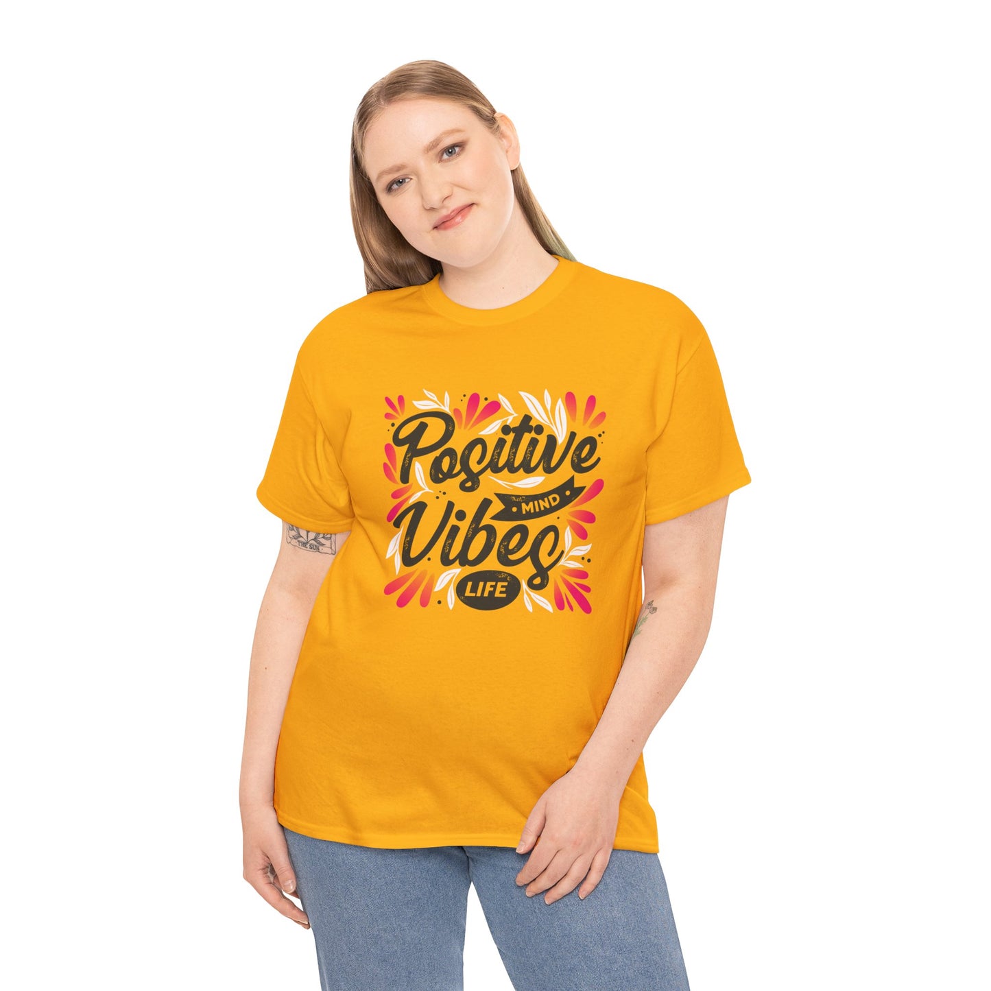 Positive Vibes Unisex Heavy Cotton Tee - Bright Yellow T-Shirt for Optimism and Mindfulness