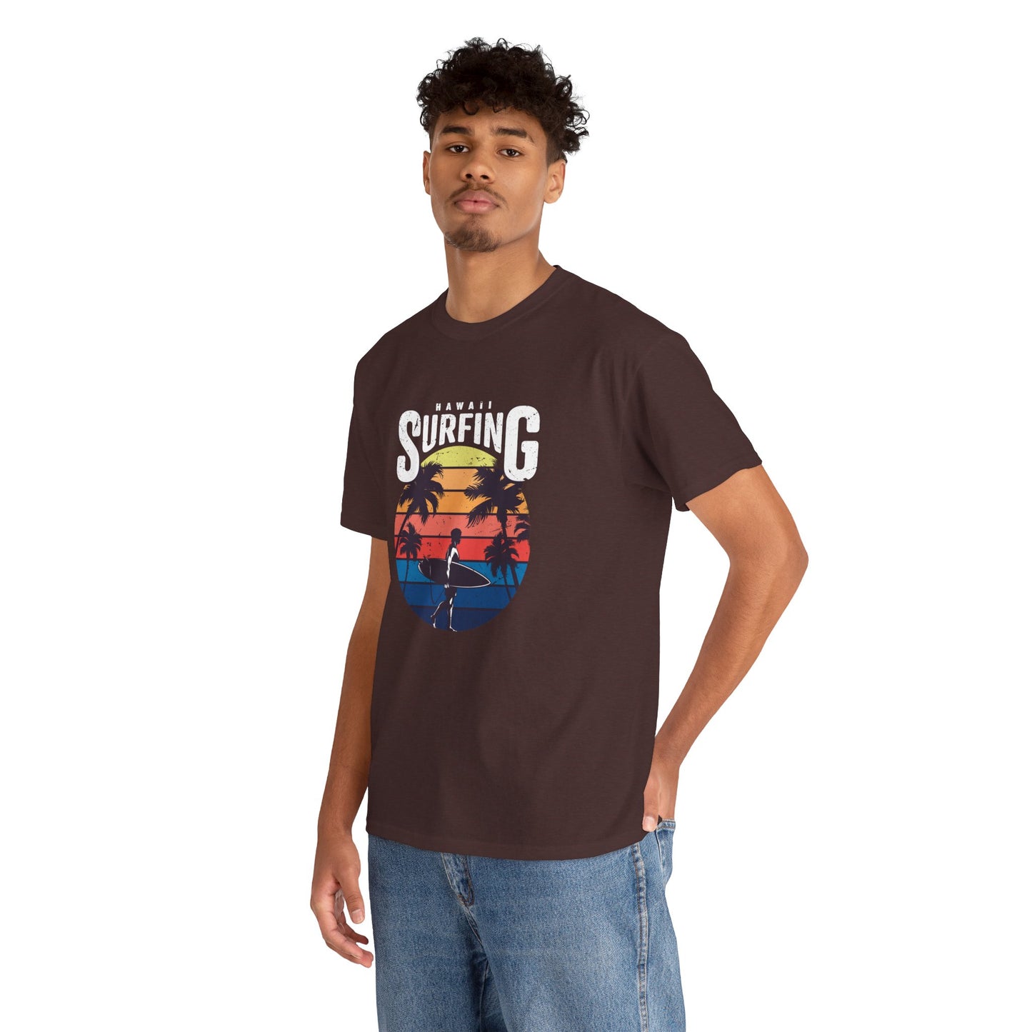 Retro Surfing Unisex Heavy Cotton Tee - Hawaii Sunset Design