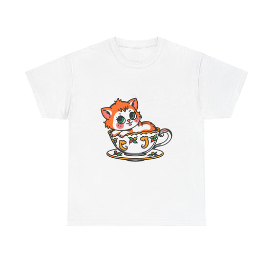 Cute Cat in Teacup Unisex Heavy Cotton Tee - Perfect for Cat Lovers