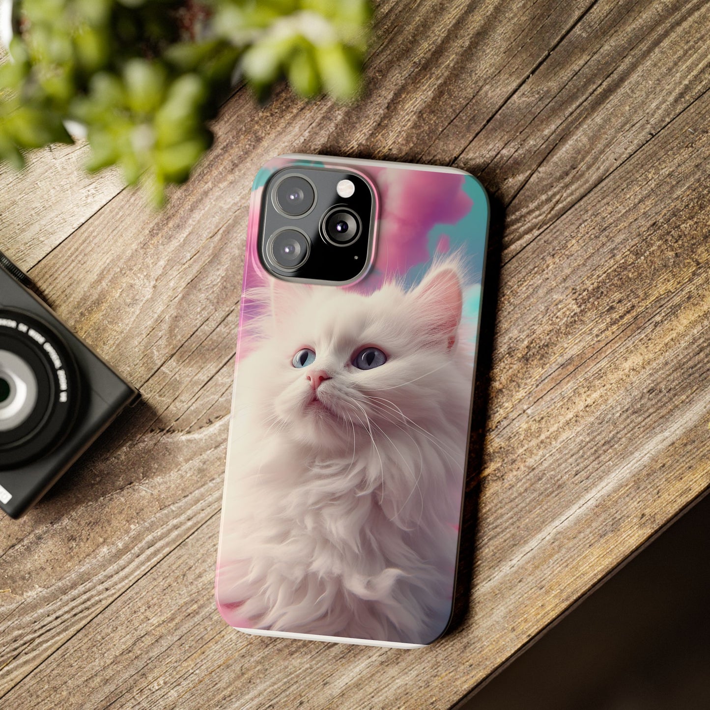 Whimsical Cat Slim Phone Case - Soft Pastel Clouds Design