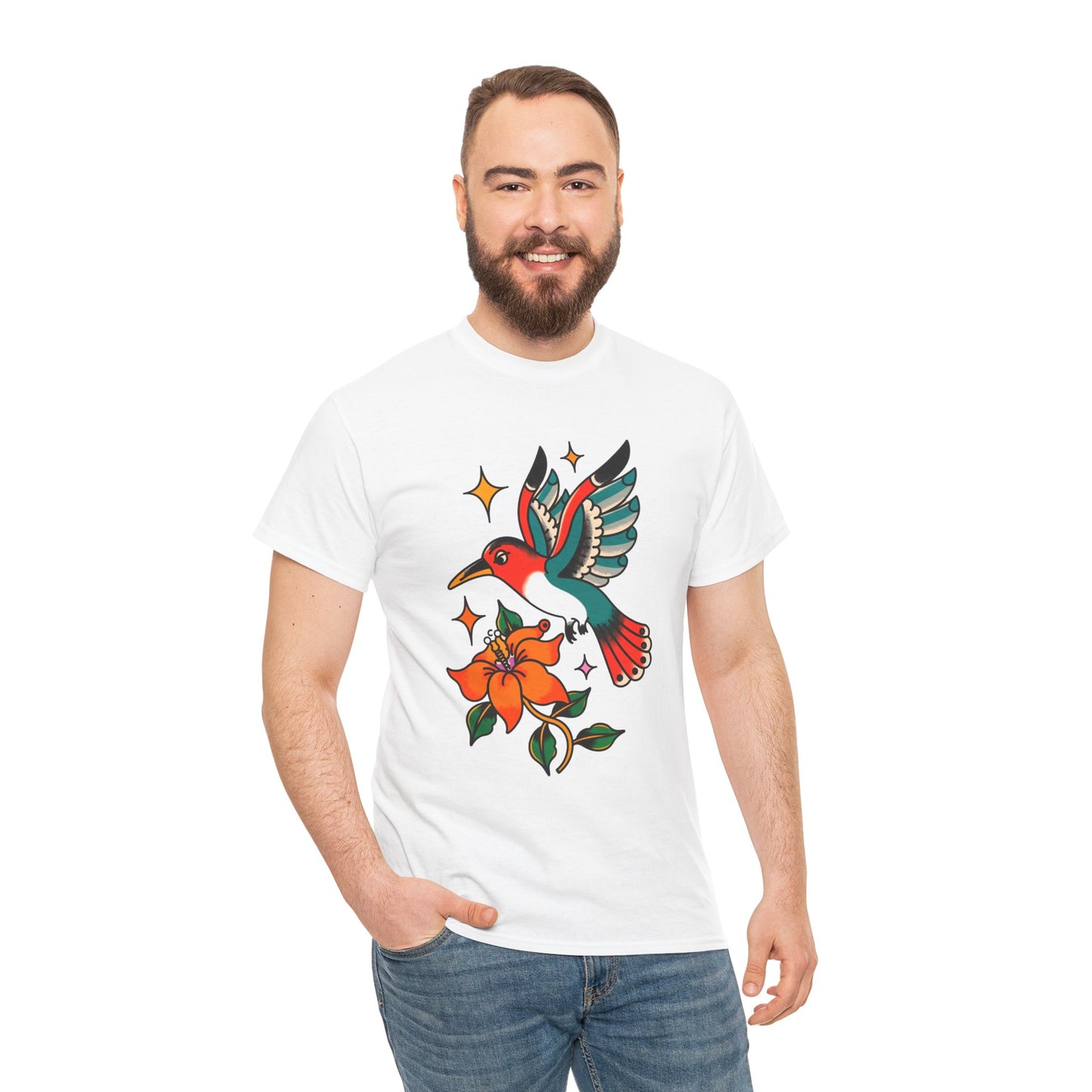 Vintage Hummingbird & Flower Unisex Heavy Cotton Tee - Nature-Inspired Graphic T-Shirt