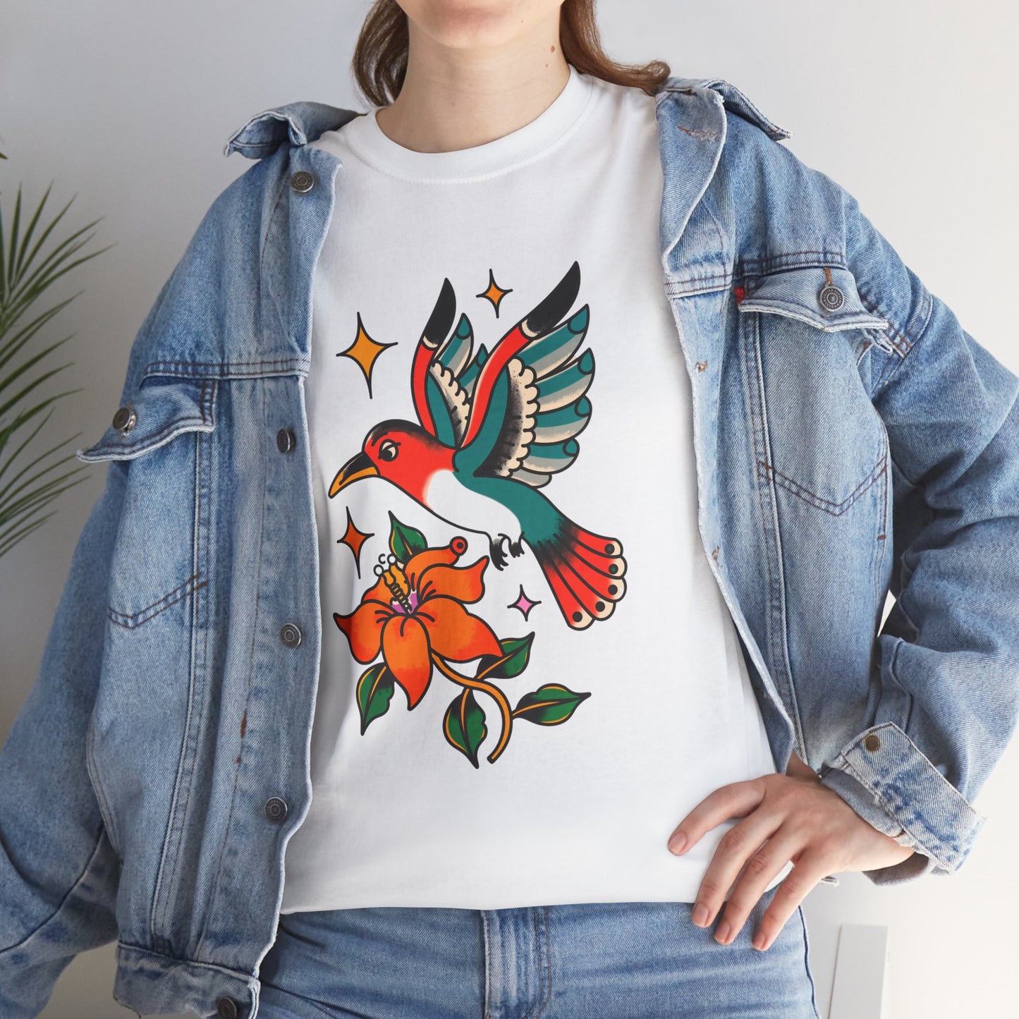 Vintage Hummingbird & Flower Unisex Heavy Cotton Tee - Nature-Inspired Graphic T-Shirt