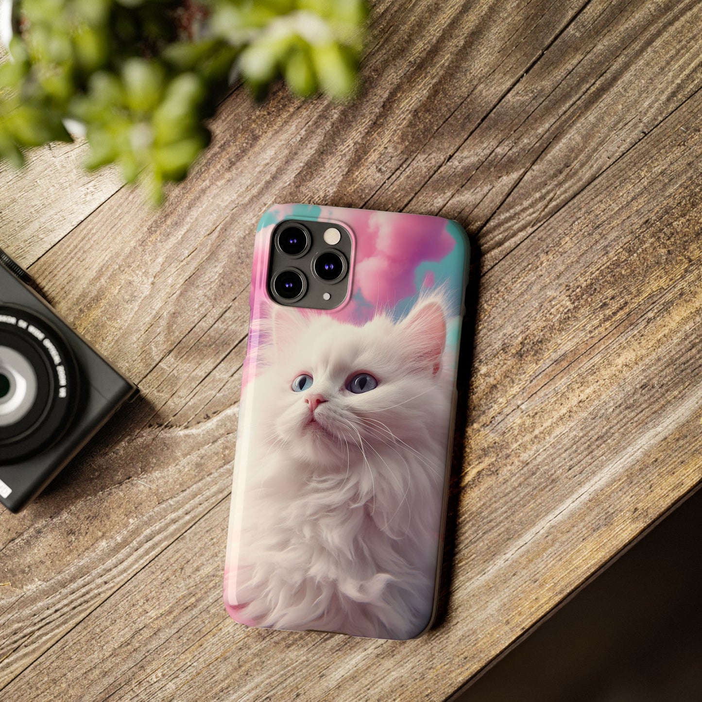 Whimsical Cat Slim Phone Case - Soft Pastel Clouds Design