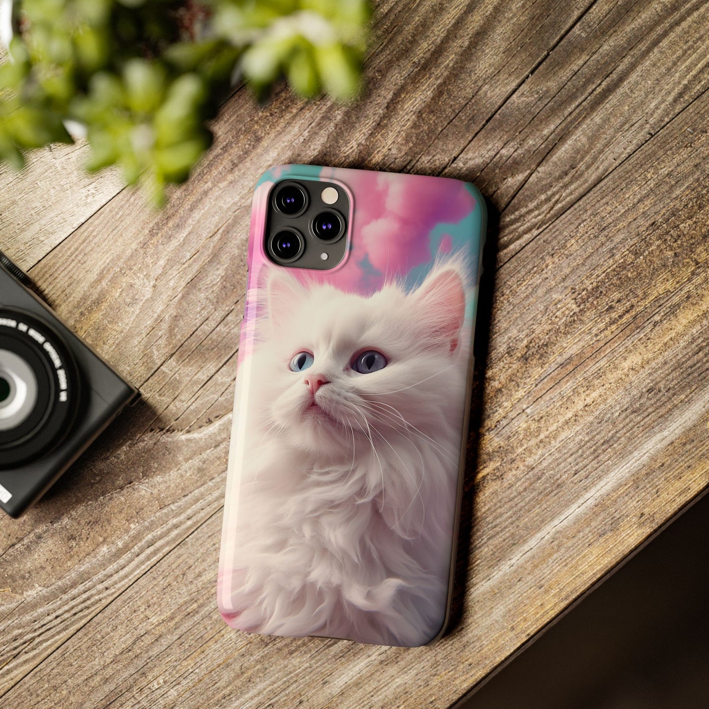 Whimsical Cat Slim Phone Case - Soft Pastel Clouds Design