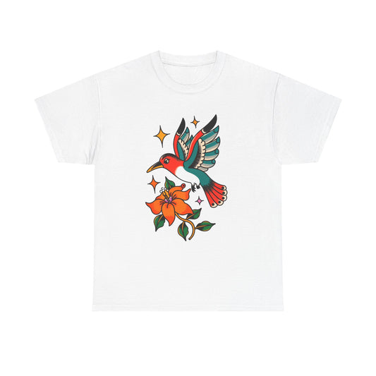 Vintage Hummingbird & Flower Unisex Heavy Cotton Tee - Nature-Inspired Graphic T-Shirt