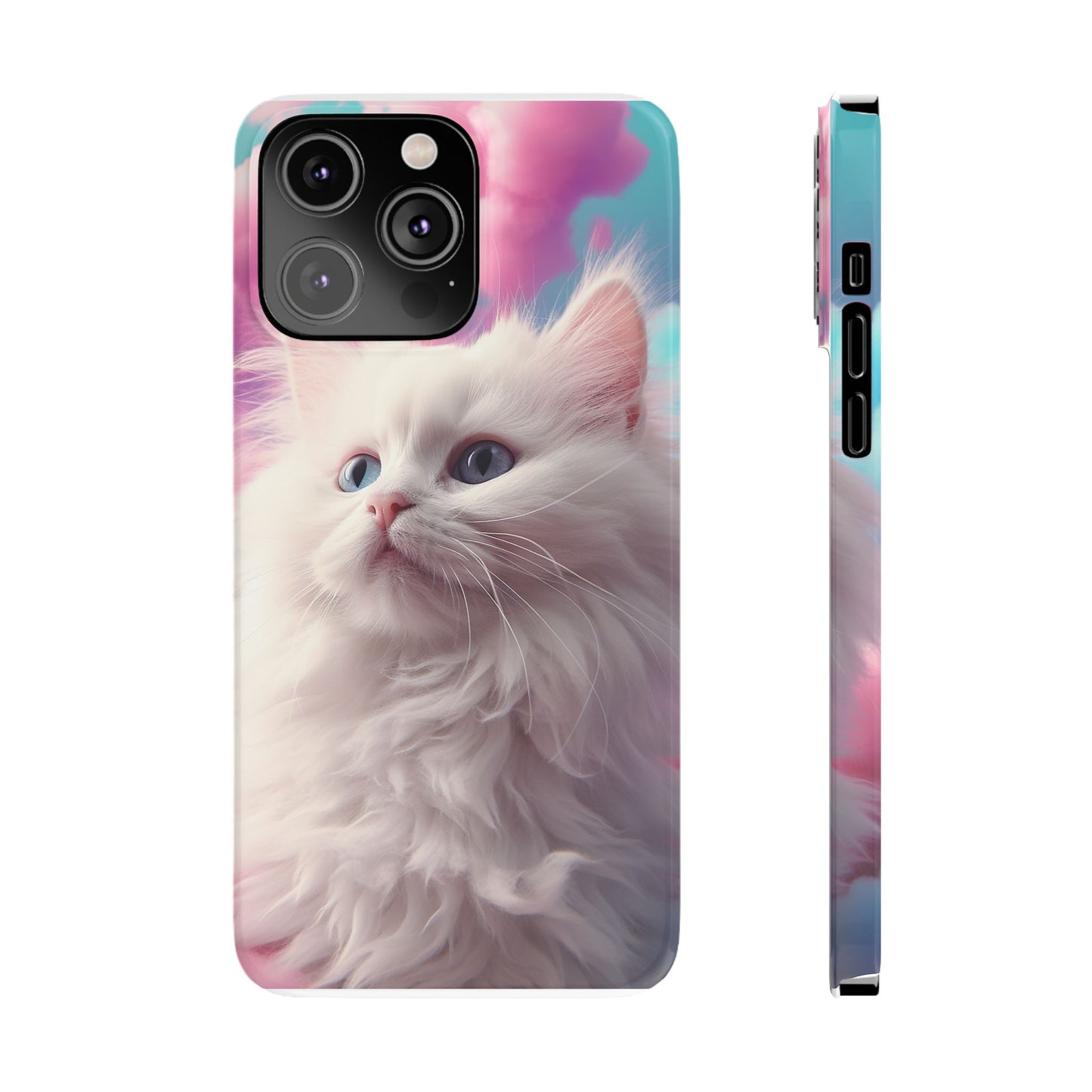 Whimsical Cat Slim Phone Case - Soft Pastel Clouds Design