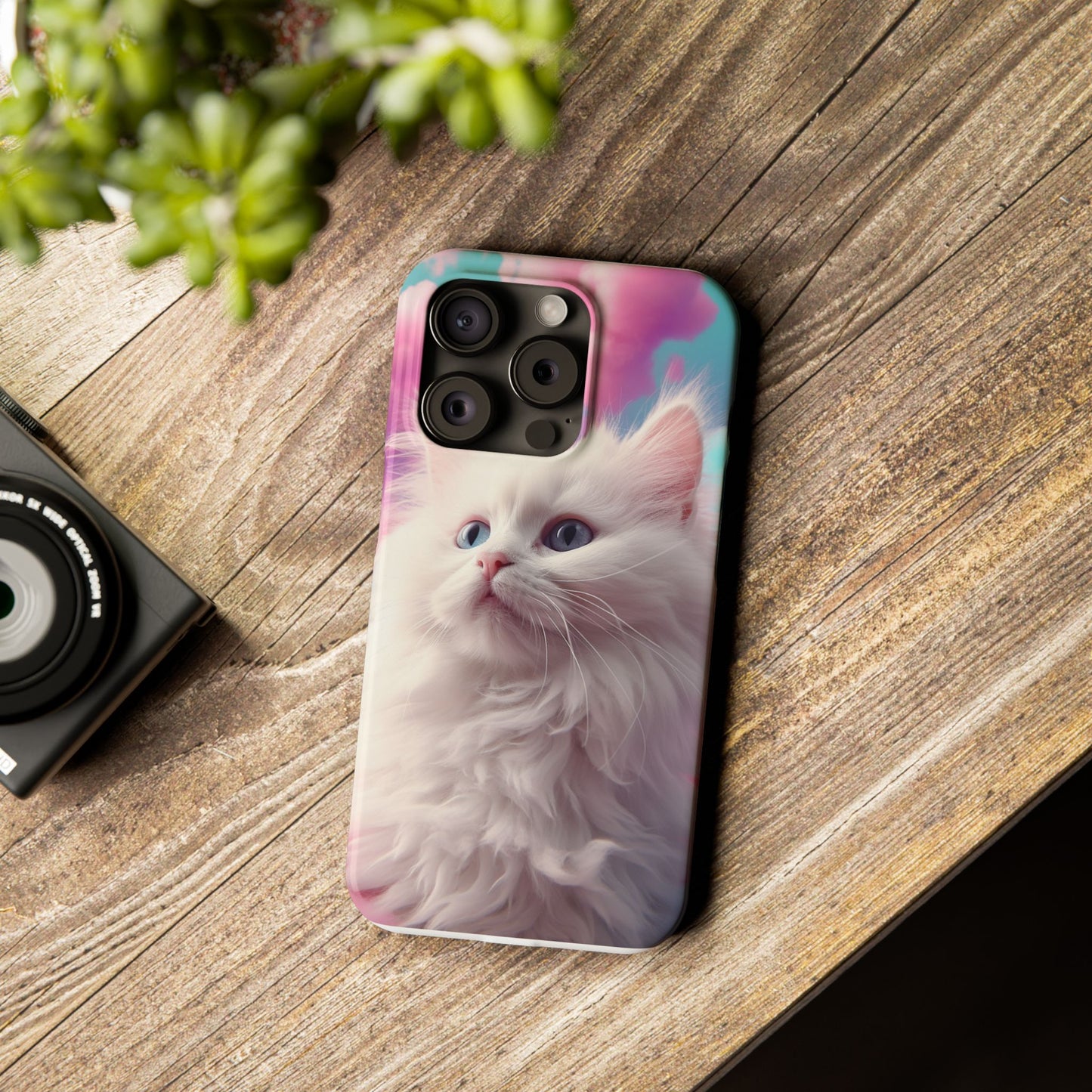 Whimsical Cat Slim Phone Case - Soft Pastel Clouds Design