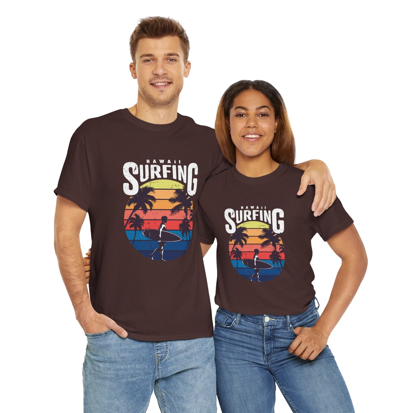 Retro Surfing Unisex Heavy Cotton Tee - Hawaii Sunset Design