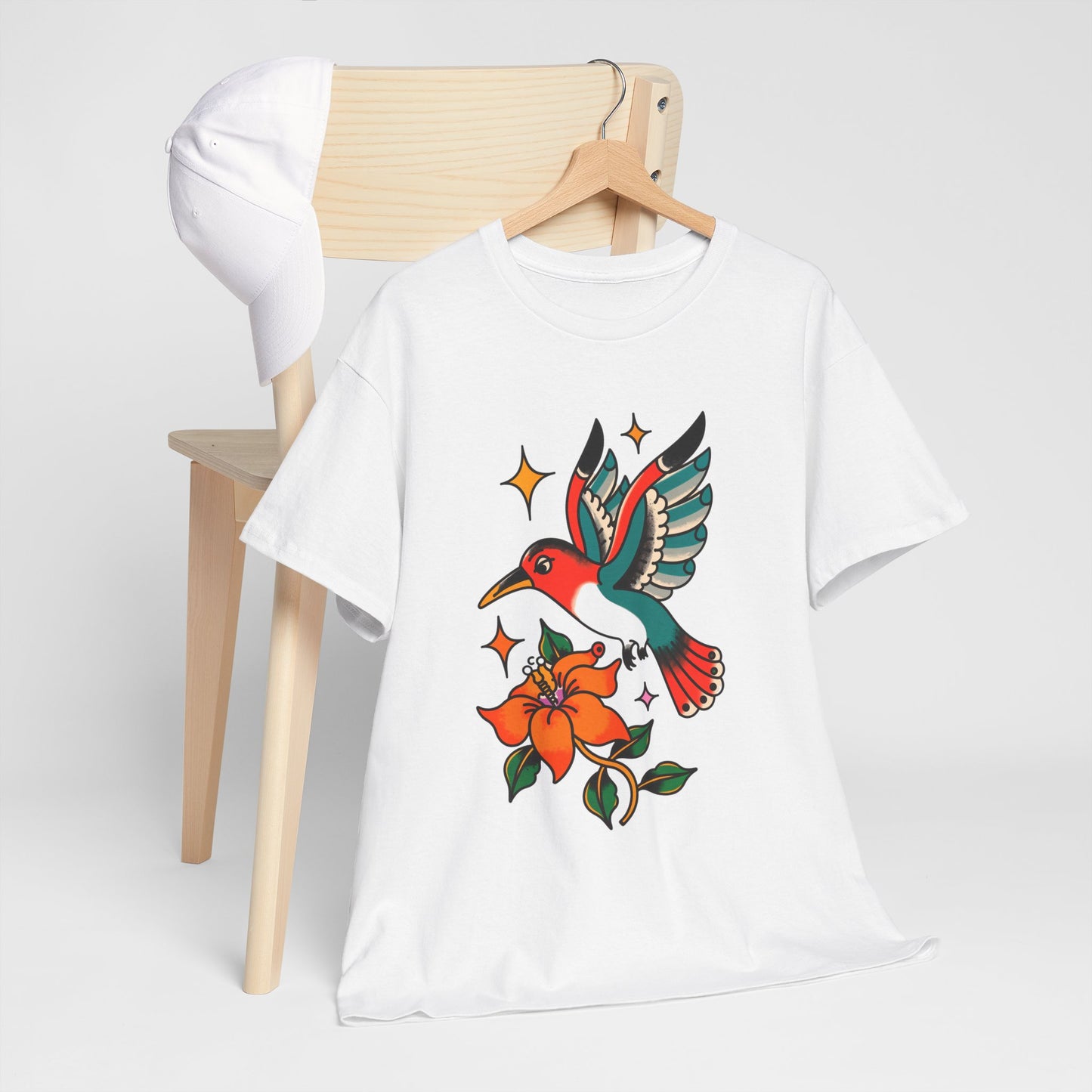 Vintage Hummingbird & Flower Unisex Heavy Cotton Tee - Nature-Inspired Graphic T-Shirt