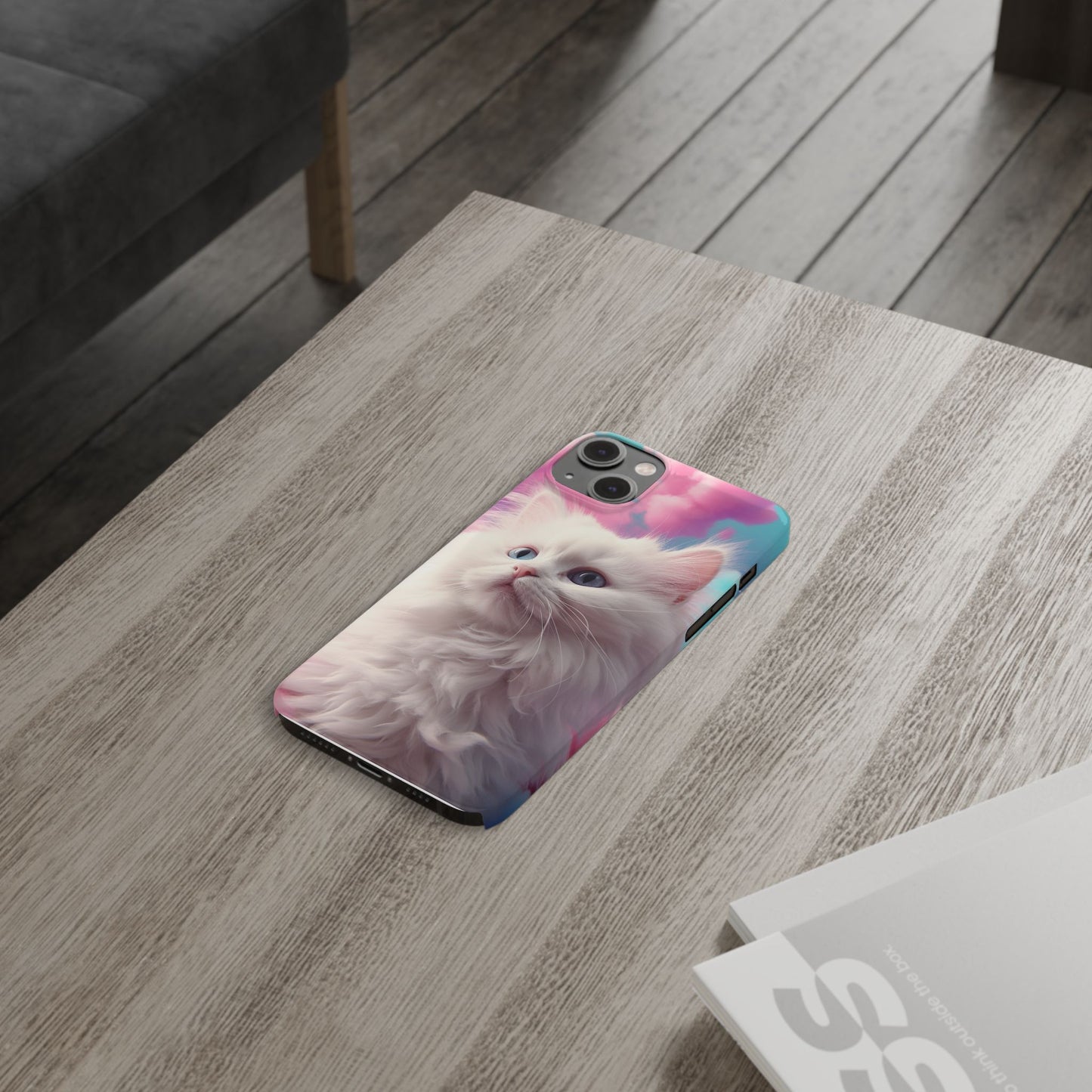 Whimsical Cat Slim Phone Case - Soft Pastel Clouds Design