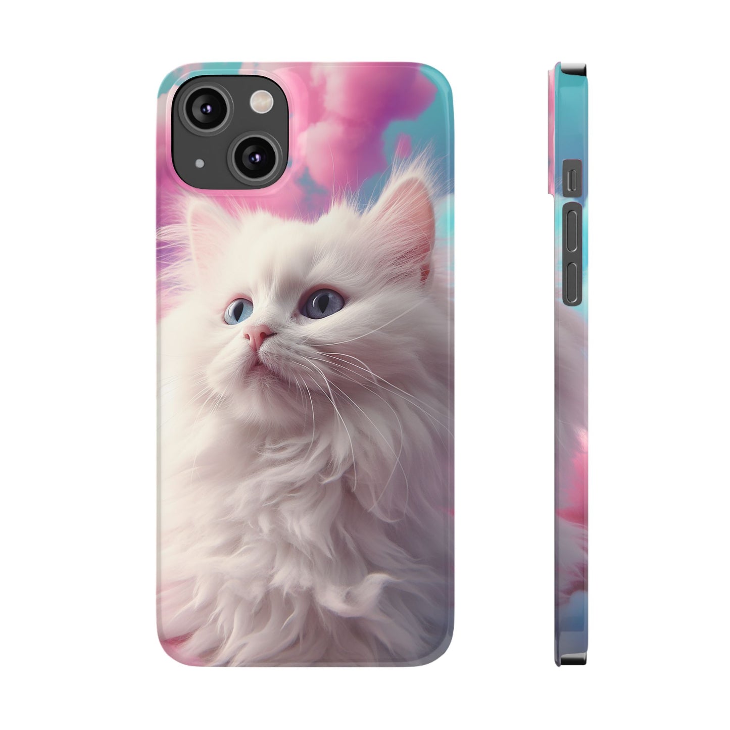 Whimsical Cat Slim Phone Case - Soft Pastel Clouds Design