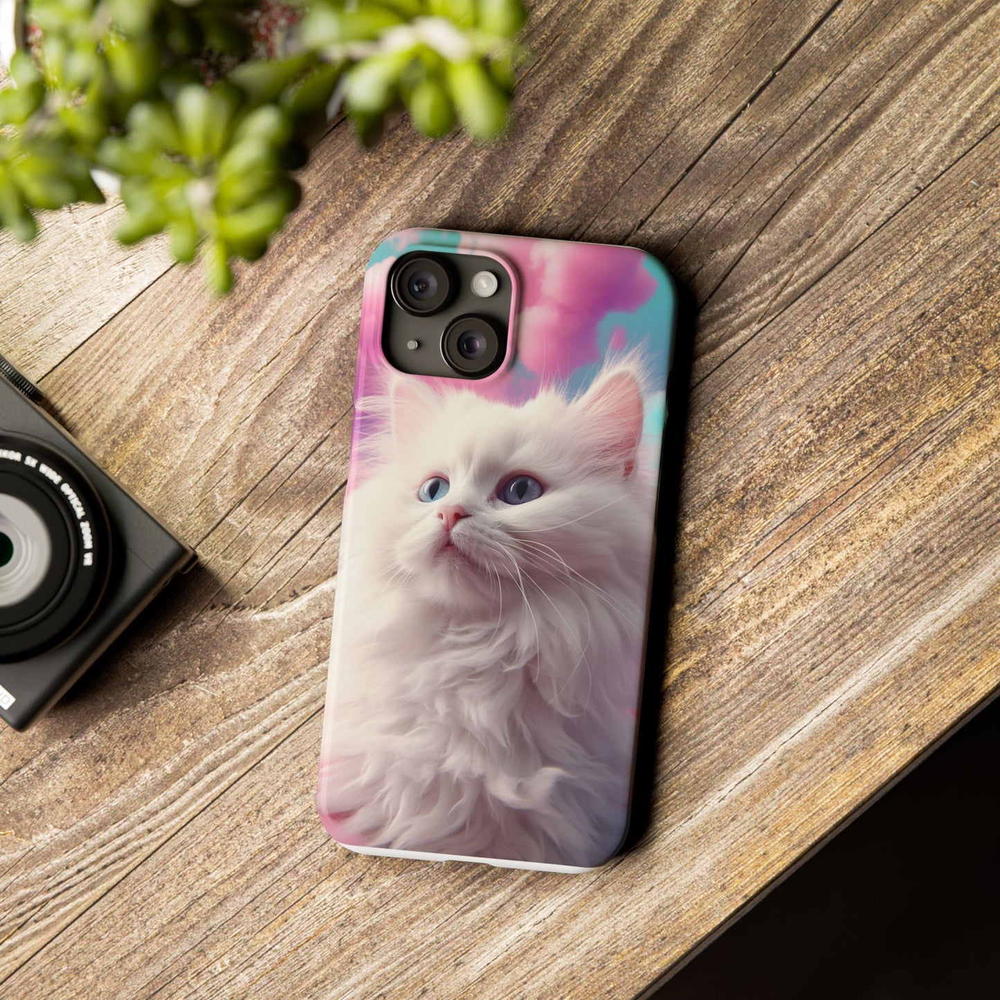 Whimsical Cat Slim Phone Case - Soft Pastel Clouds Design