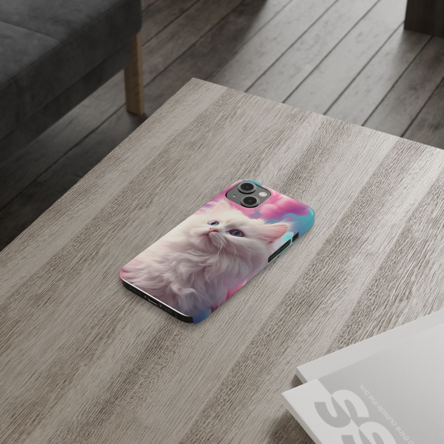 Whimsical Cat Slim Phone Case - Soft Pastel Clouds Design