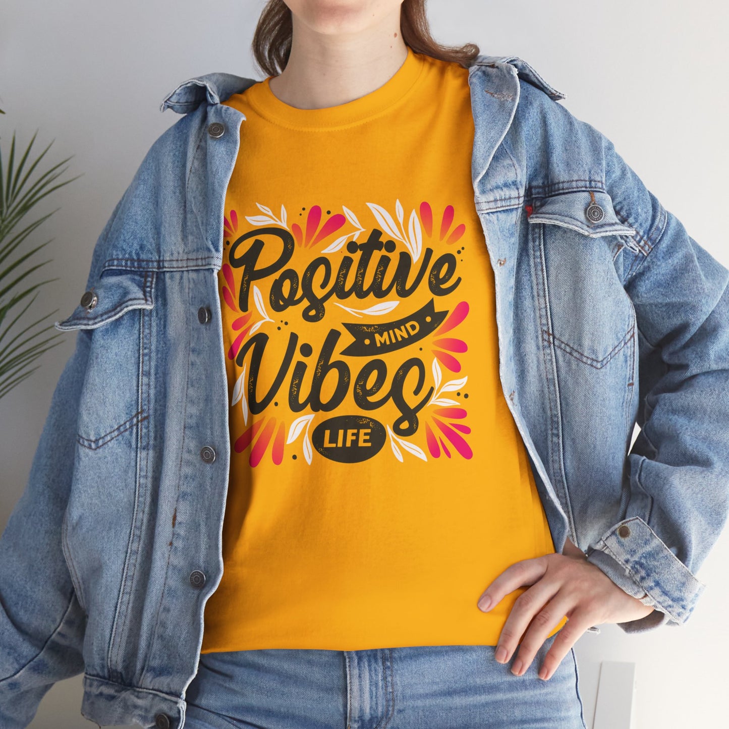 Positive Vibes Unisex Heavy Cotton Tee - Bright Yellow T-Shirt for Optimism and Mindfulness