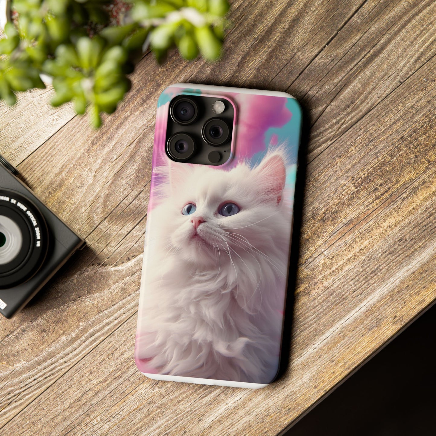 Whimsical Cat Slim Phone Case - Soft Pastel Clouds Design