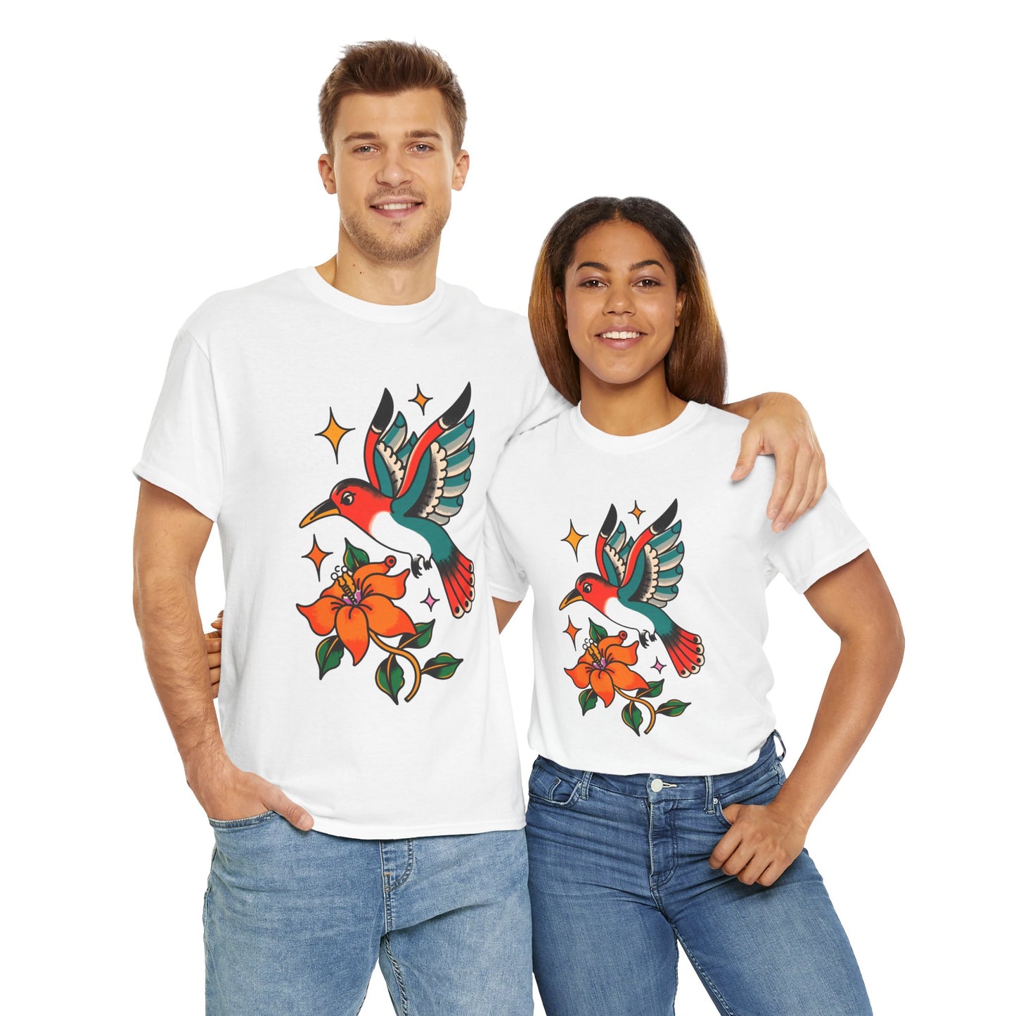 Vintage Hummingbird & Flower Unisex Heavy Cotton Tee - Nature-Inspired Graphic T-Shirt