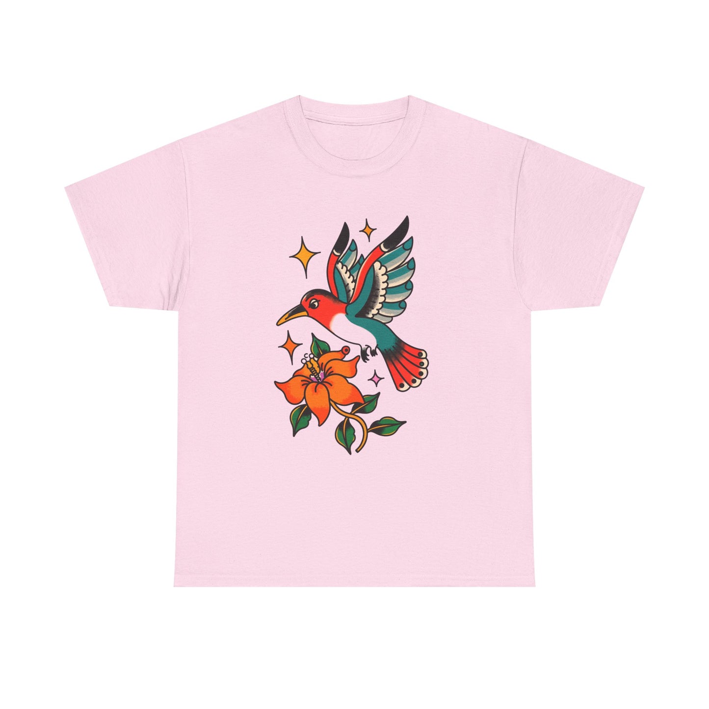 Vintage Hummingbird & Flower Unisex Heavy Cotton Tee - Nature-Inspired Graphic T-Shirt