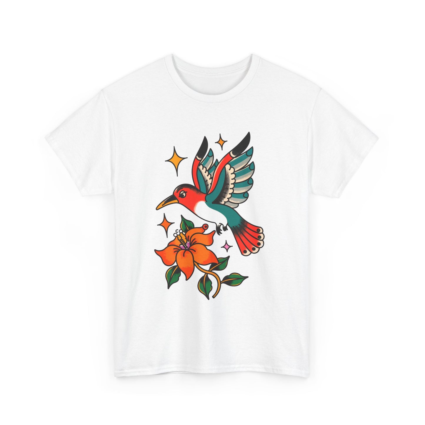 Vintage Hummingbird & Flower Unisex Heavy Cotton Tee - Nature-Inspired Graphic T-Shirt