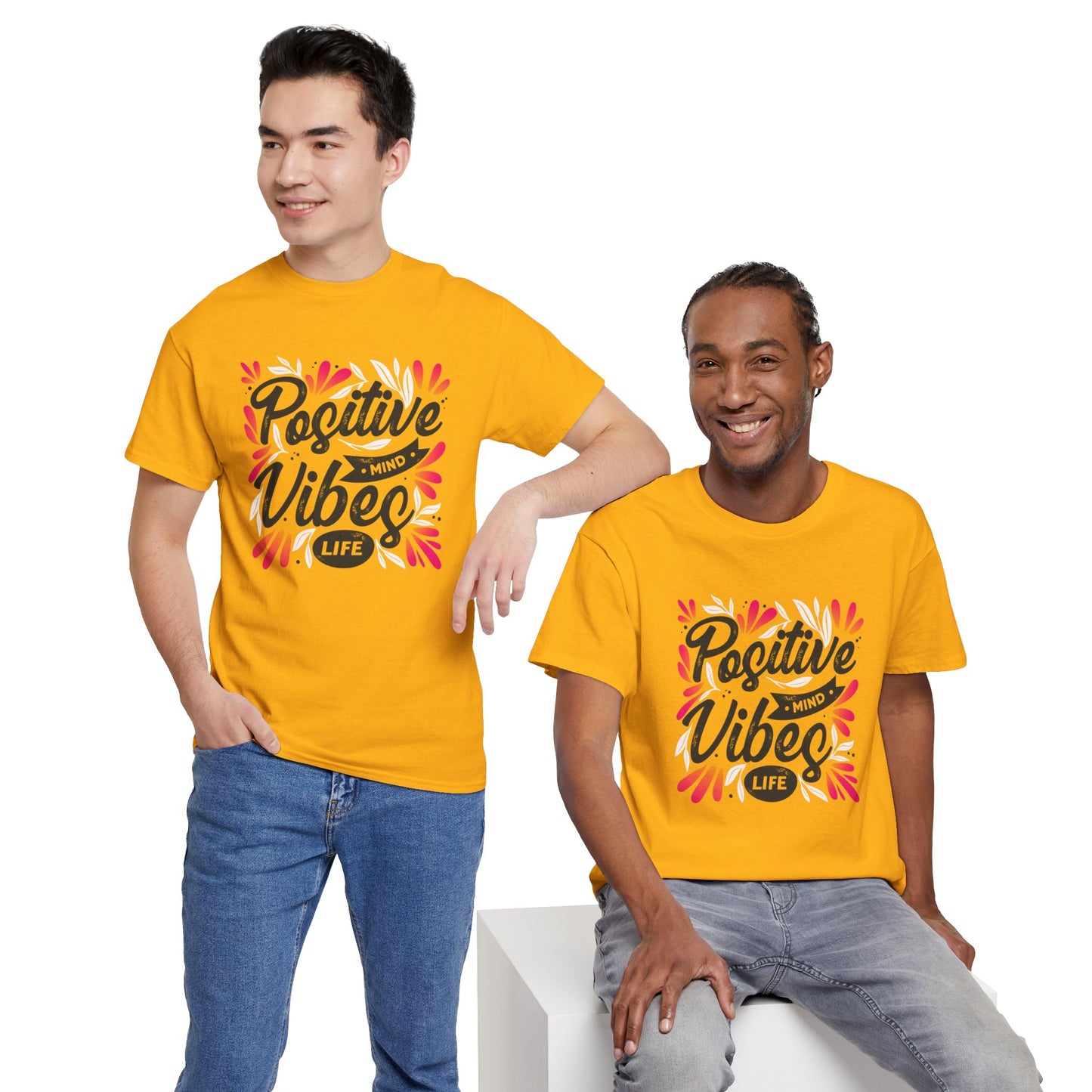 Positive Vibes Unisex Heavy Cotton Tee - Bright Yellow T-Shirt for Optimism and Mindfulness