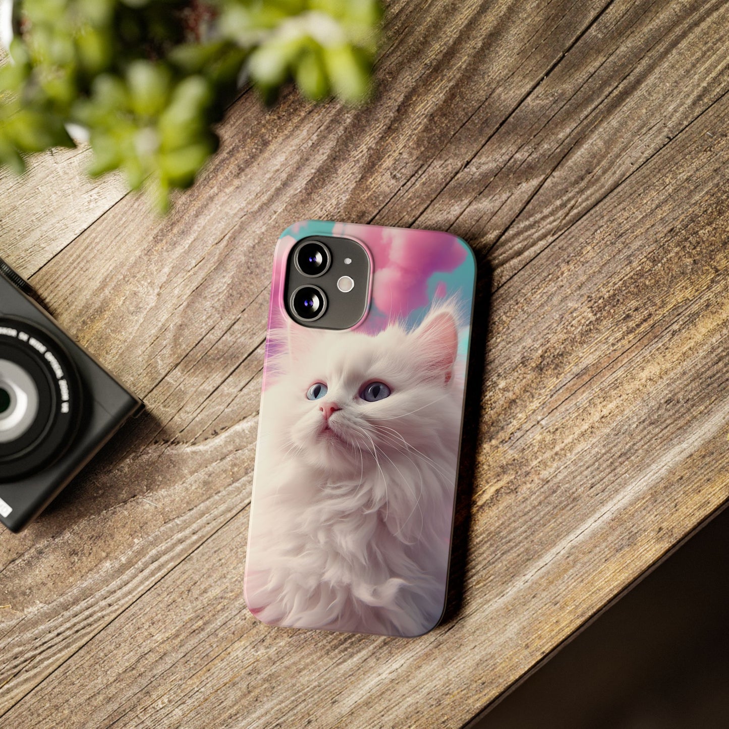 Whimsical Cat Slim Phone Case - Soft Pastel Clouds Design