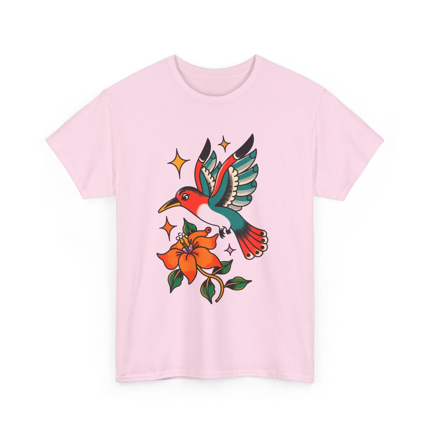 Vintage Hummingbird & Flower Unisex Heavy Cotton Tee - Nature-Inspired Graphic T-Shirt