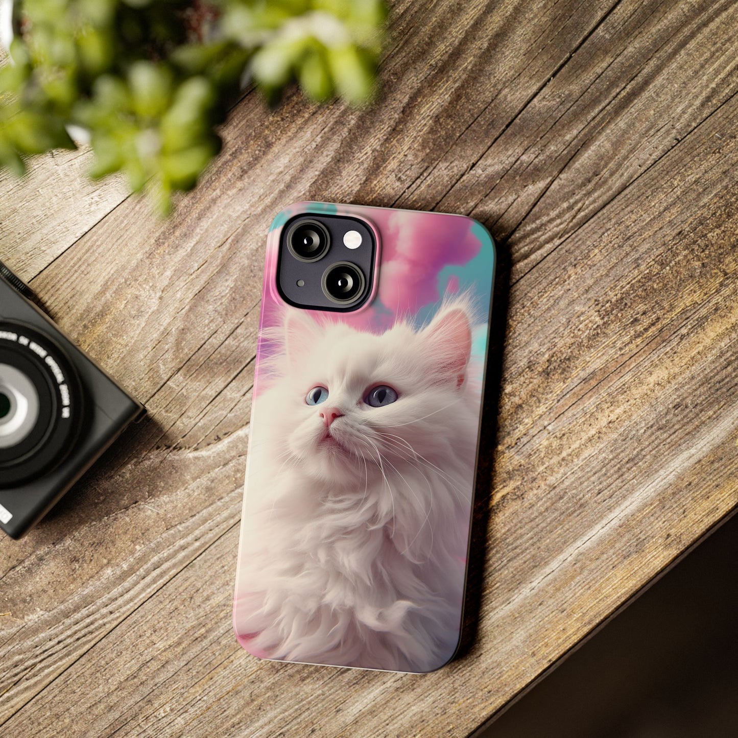 Whimsical Cat Slim Phone Case - Soft Pastel Clouds Design