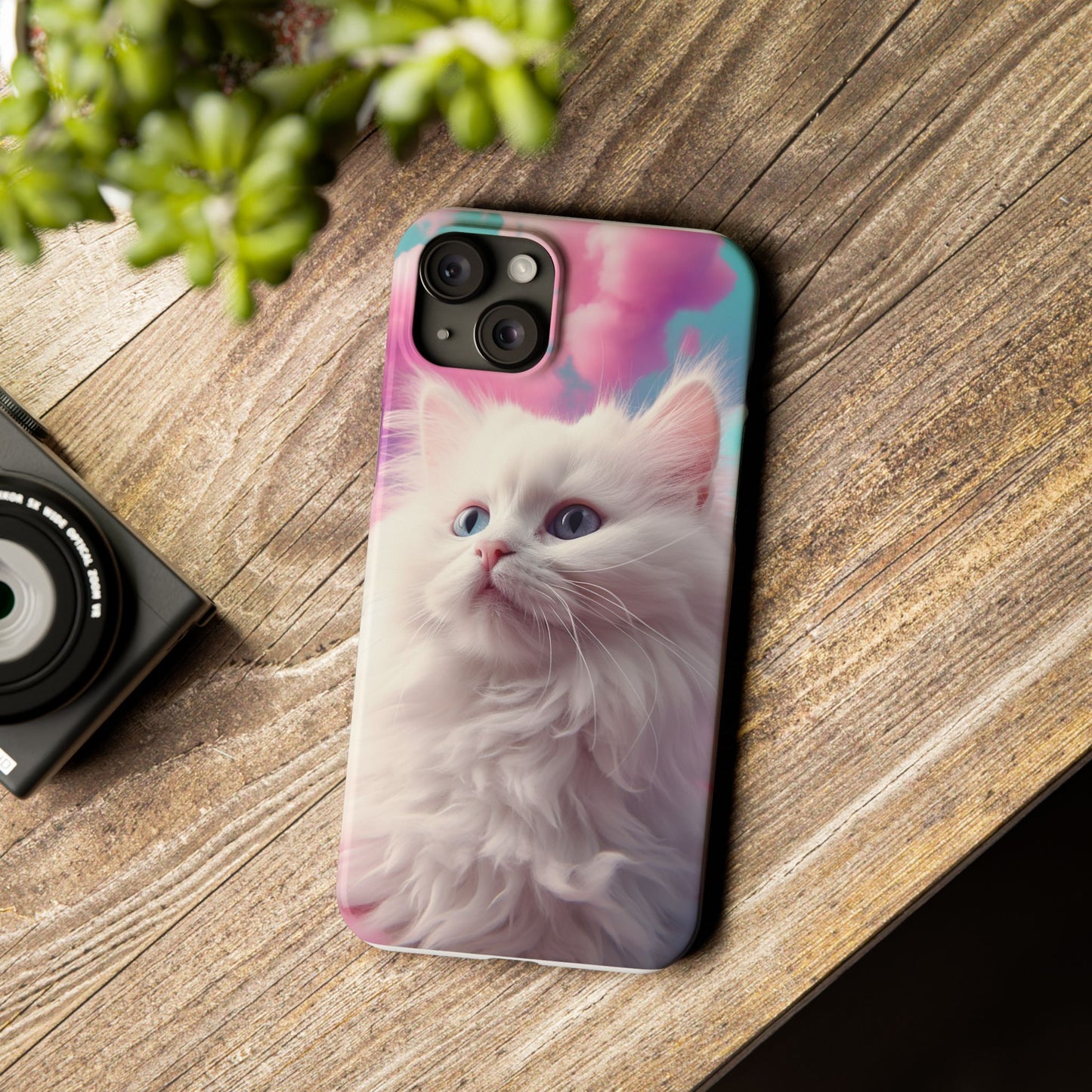 Whimsical Cat Slim Phone Case - Soft Pastel Clouds Design