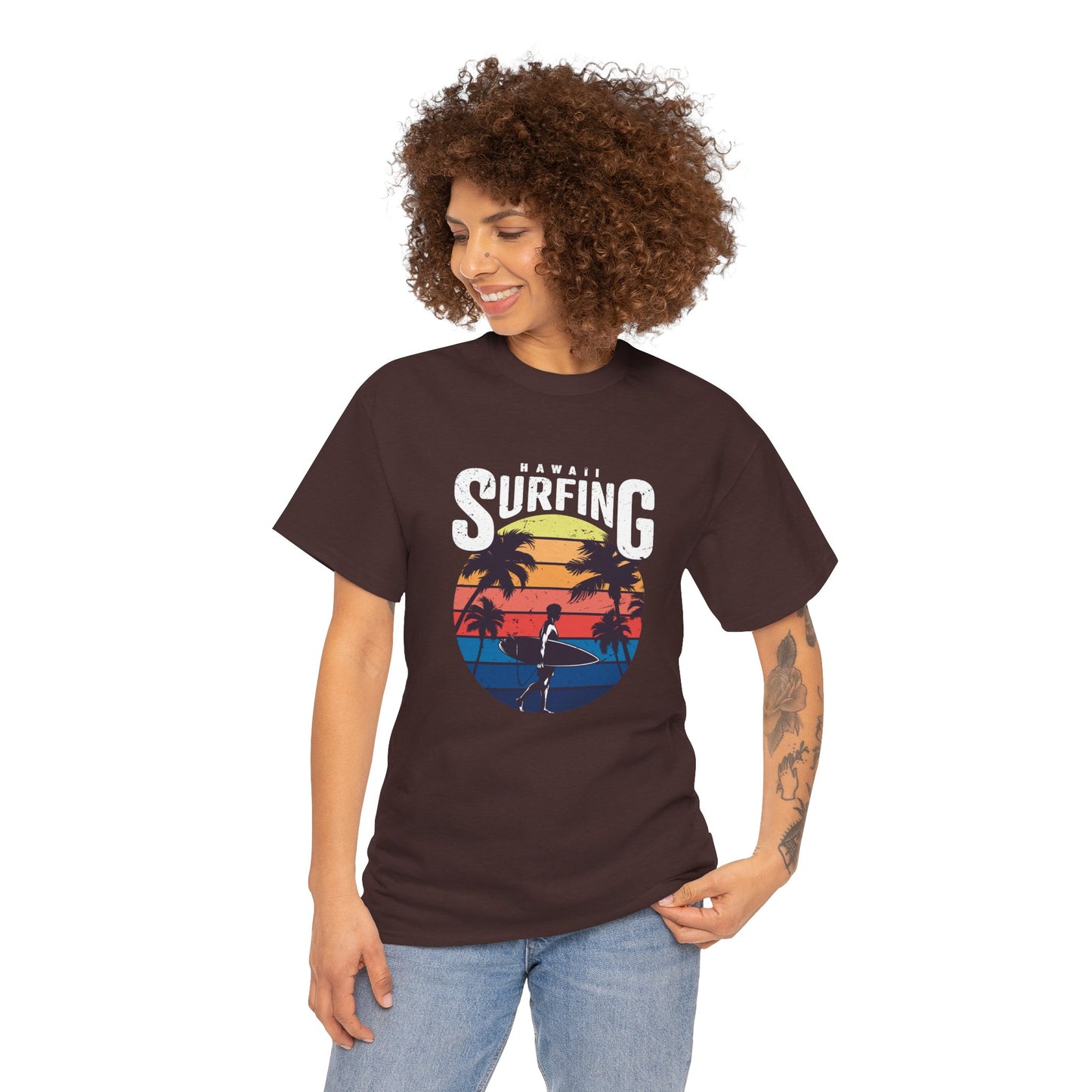 Retro Surfing Unisex Heavy Cotton Tee - Hawaii Sunset Design