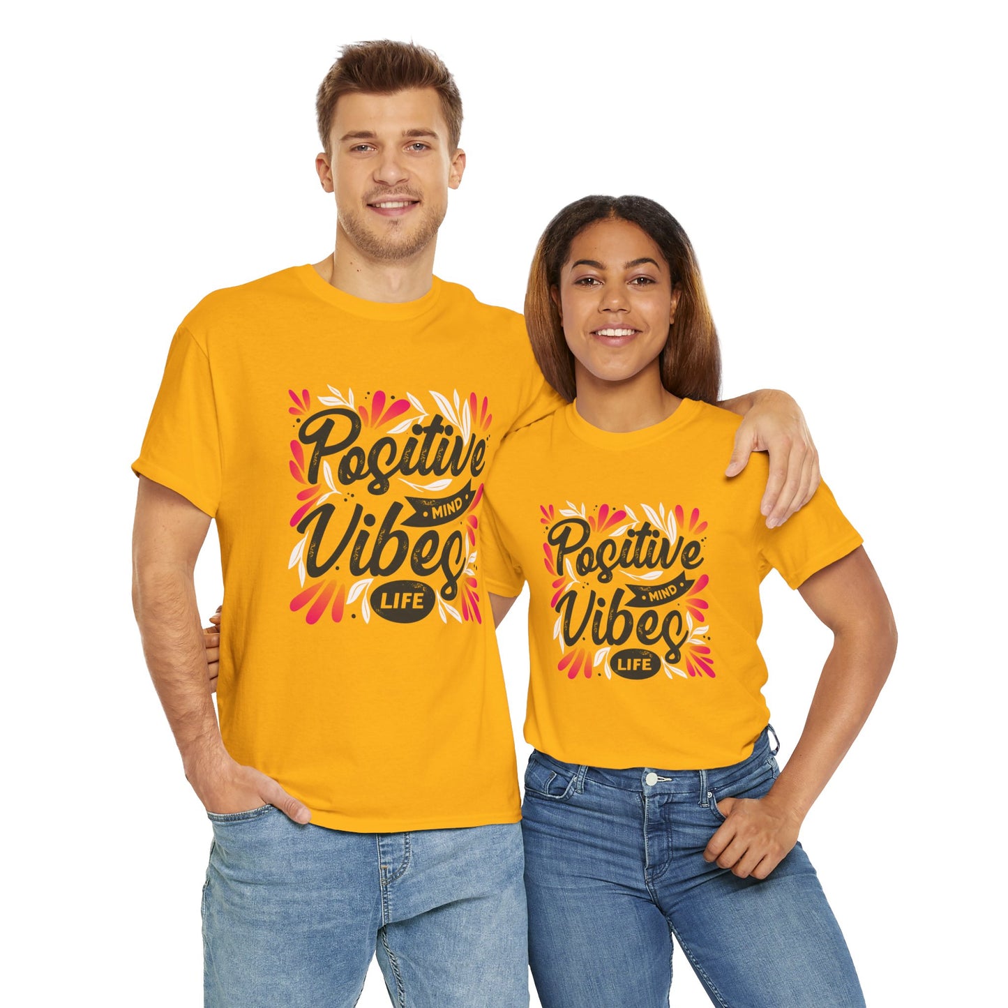 Positive Vibes Unisex Heavy Cotton Tee - Bright Yellow T-Shirt for Optimism and Mindfulness