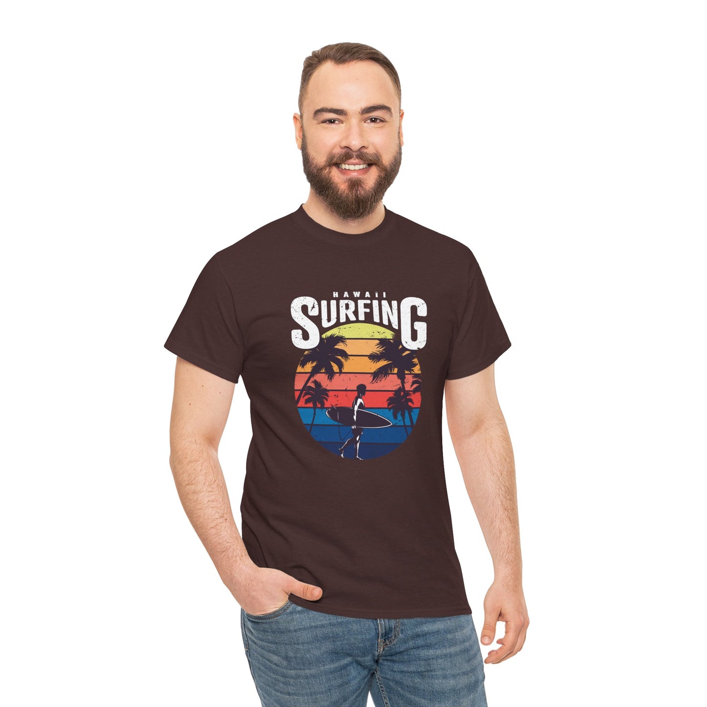 Retro Surfing Unisex Heavy Cotton Tee - Hawaii Sunset Design