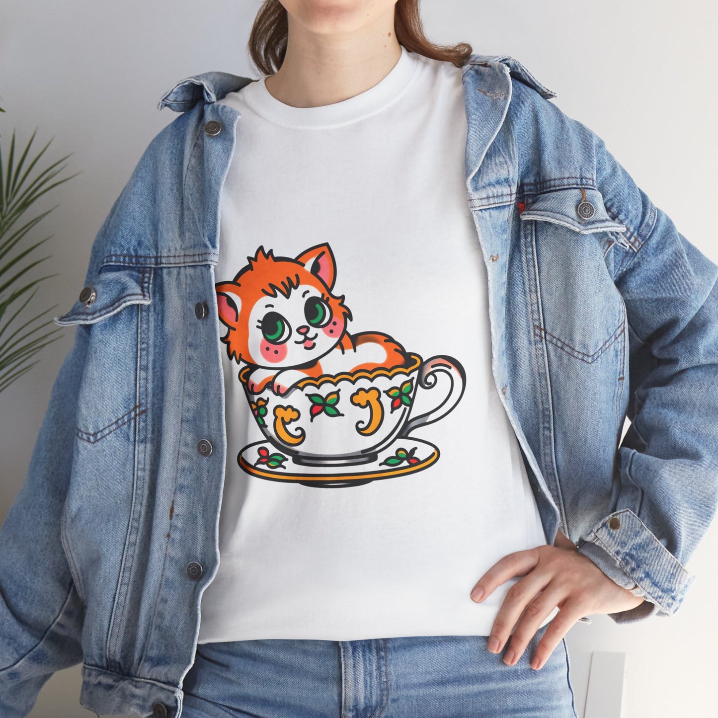 Cute Cat in Teacup Unisex Heavy Cotton Tee - Perfect for Cat Lovers