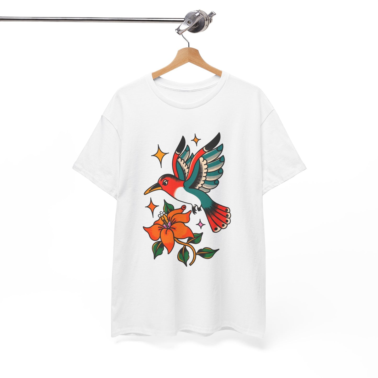 Vintage Hummingbird & Flower Unisex Heavy Cotton Tee - Nature-Inspired Graphic T-Shirt