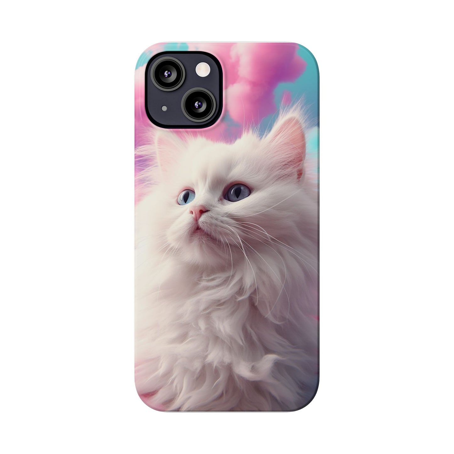 Whimsical Cat Slim Phone Case - Soft Pastel Clouds Design