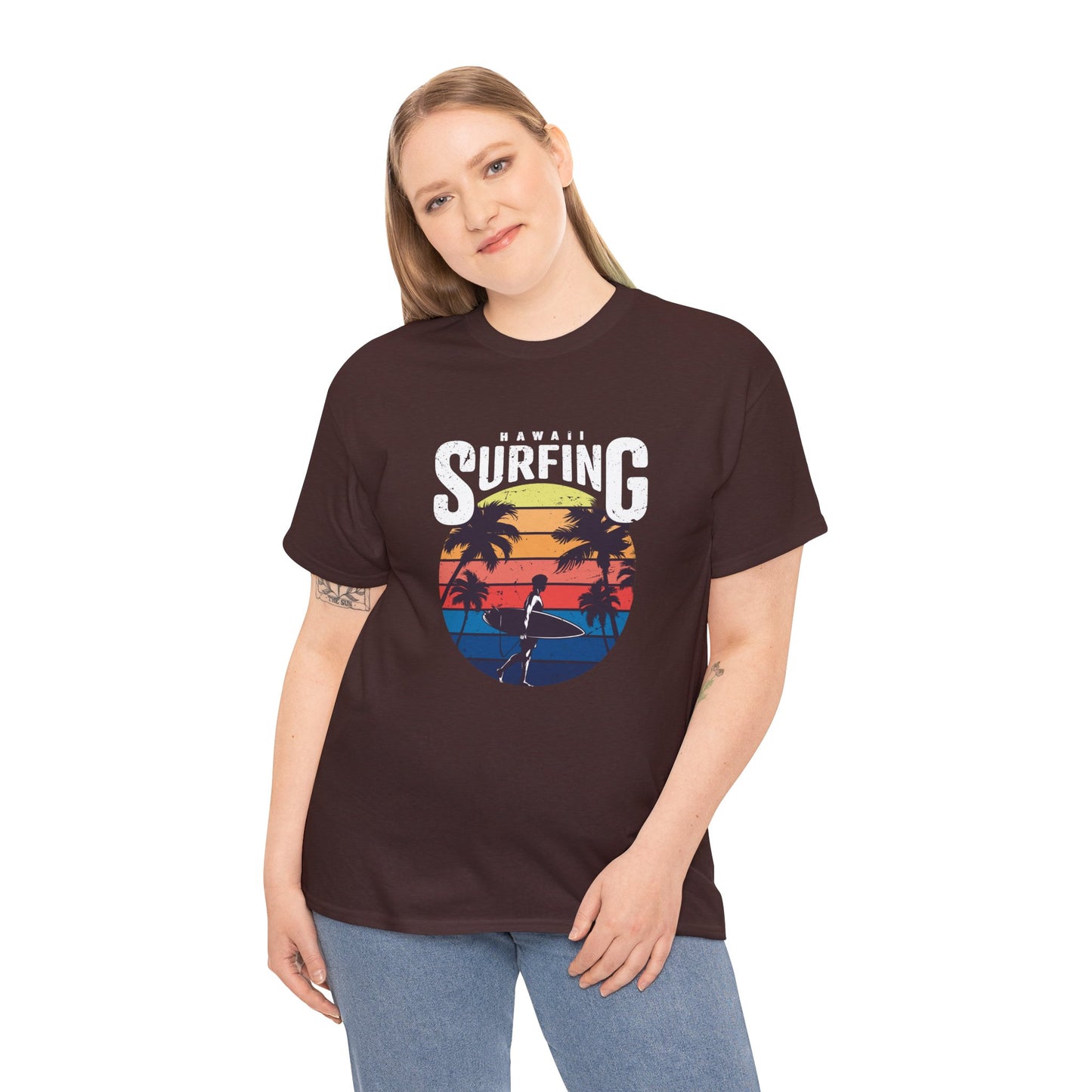 Retro Surfing Unisex Heavy Cotton Tee - Hawaii Sunset Design