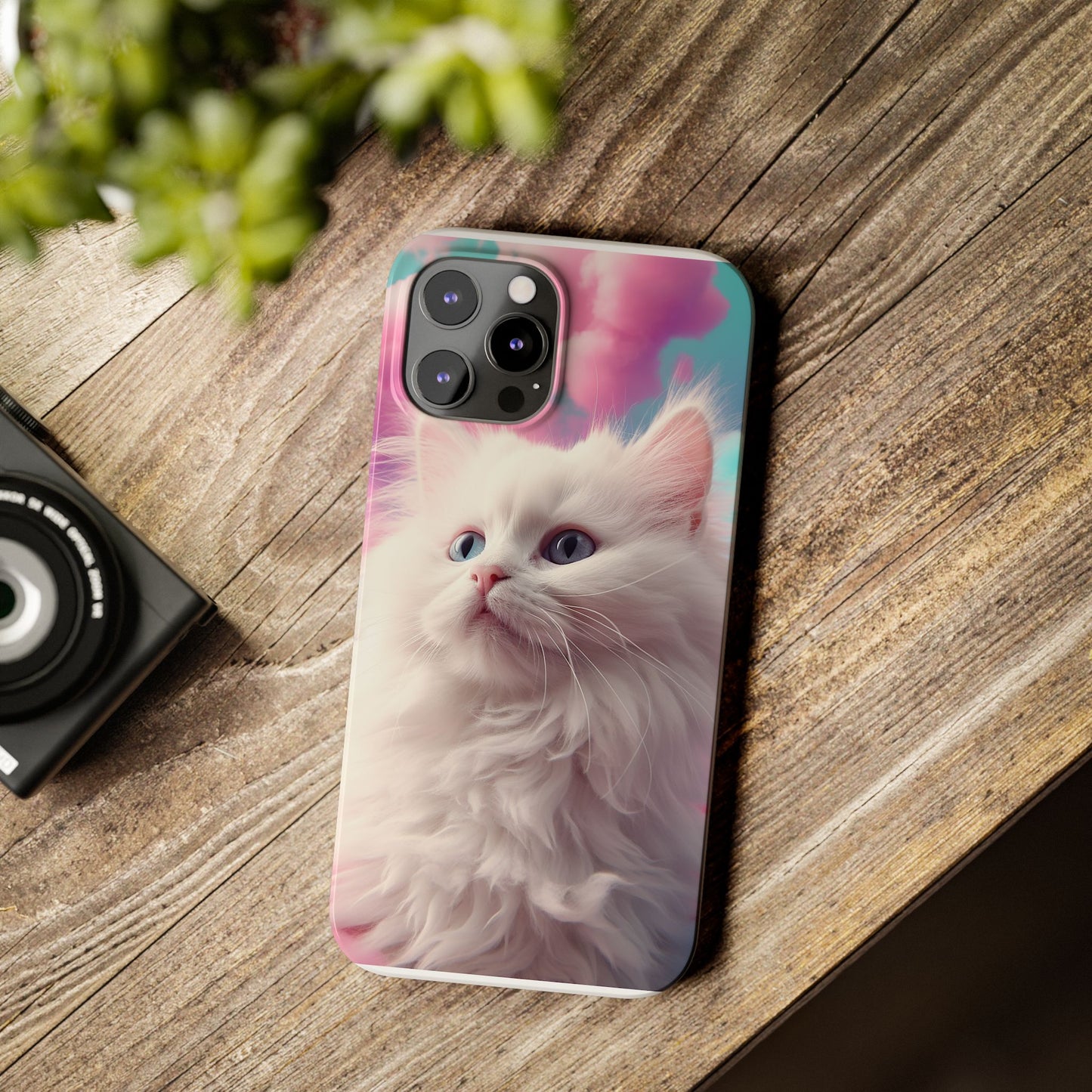 Whimsical Cat Slim Phone Case - Soft Pastel Clouds Design