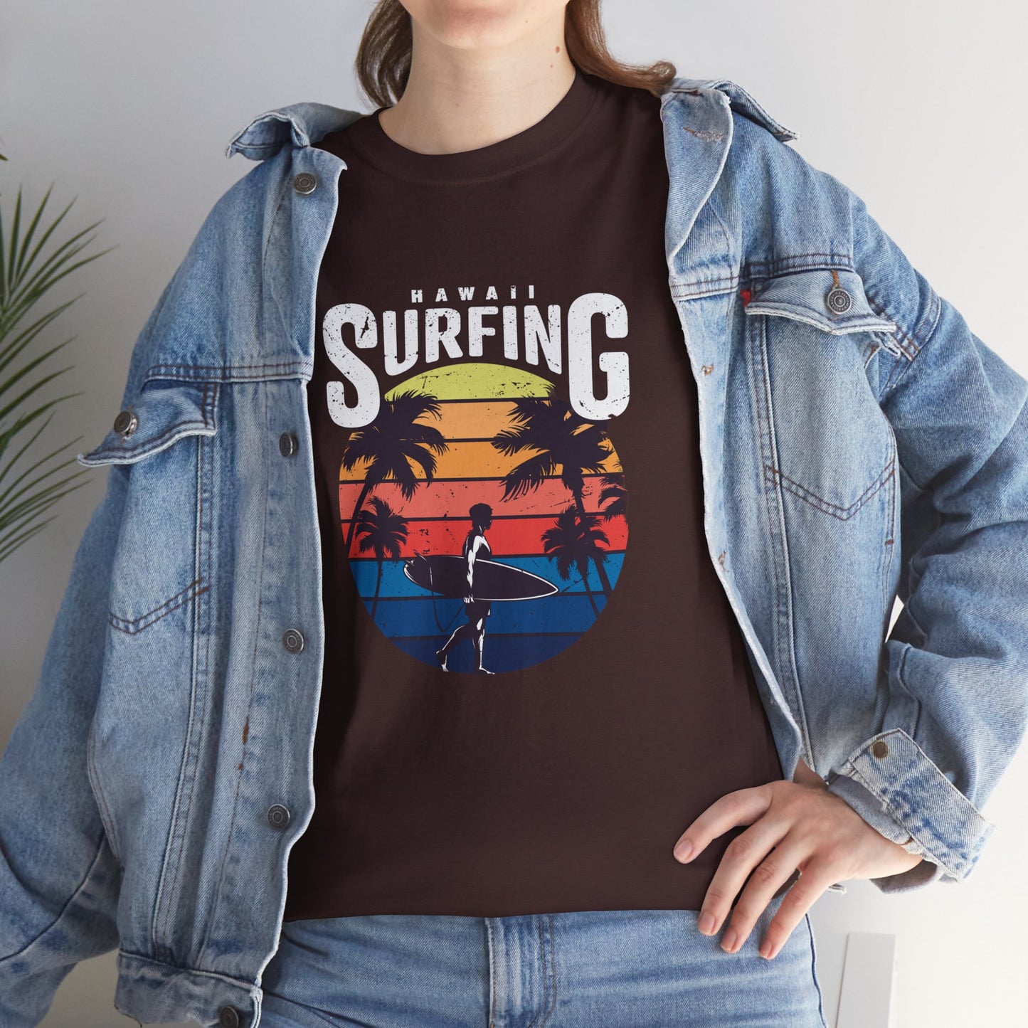 Retro Surfing Unisex Heavy Cotton Tee - Hawaii Sunset Design