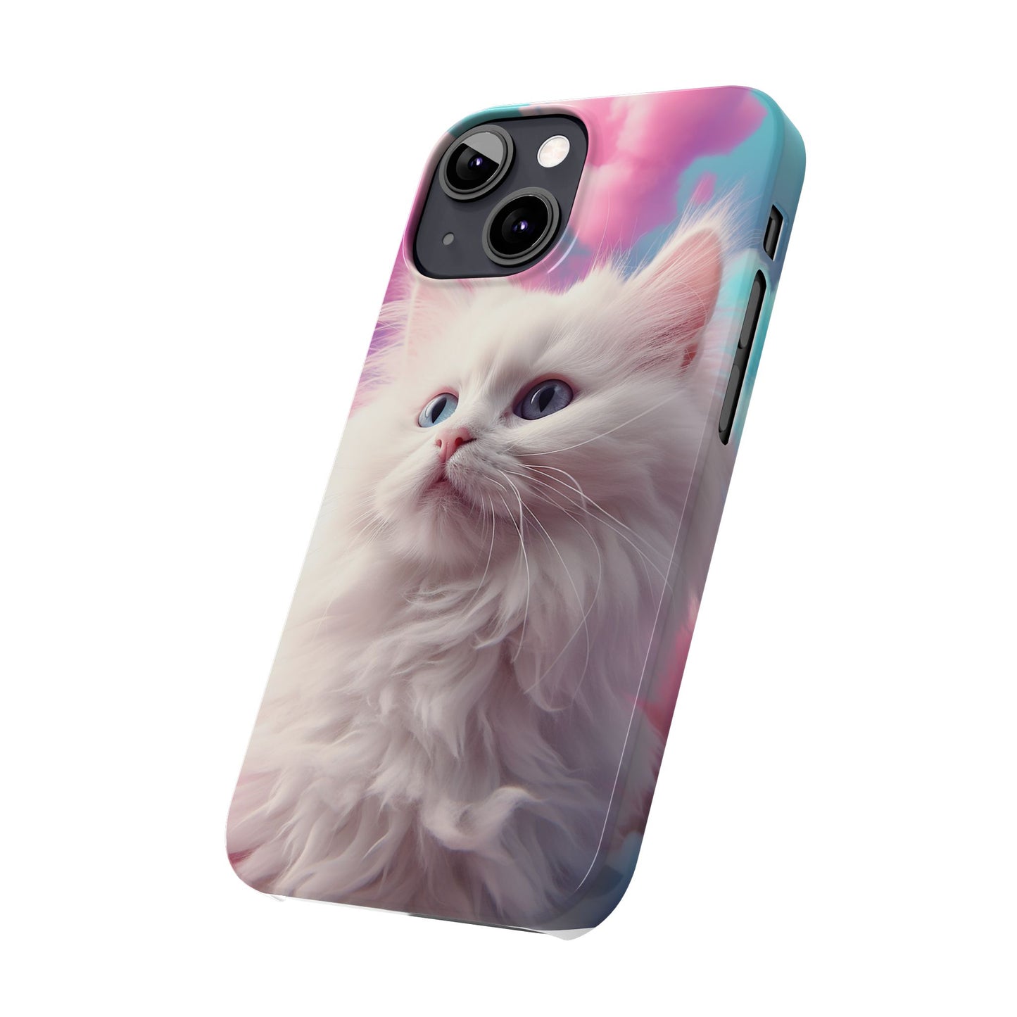 Whimsical Cat Slim Phone Case - Soft Pastel Clouds Design