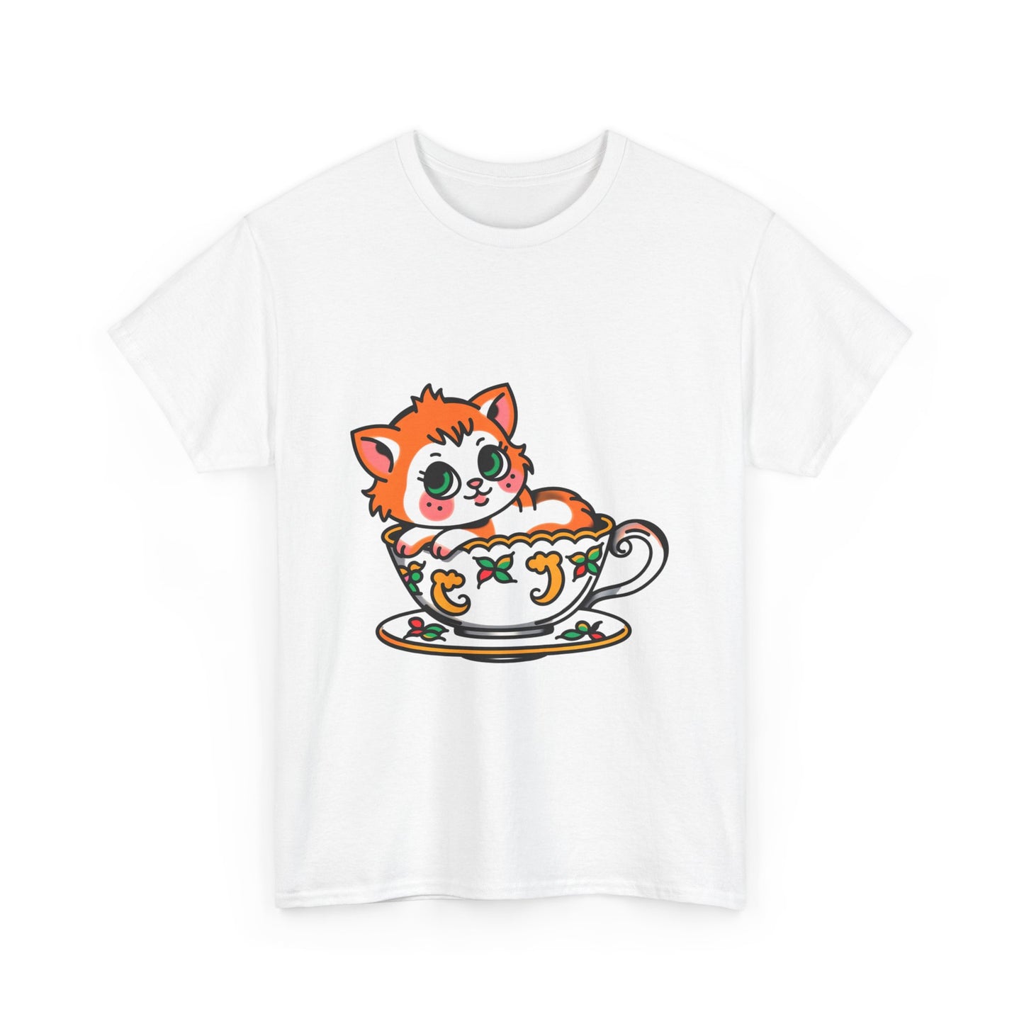 Cute Cat in Teacup Unisex Heavy Cotton Tee - Perfect for Cat Lovers