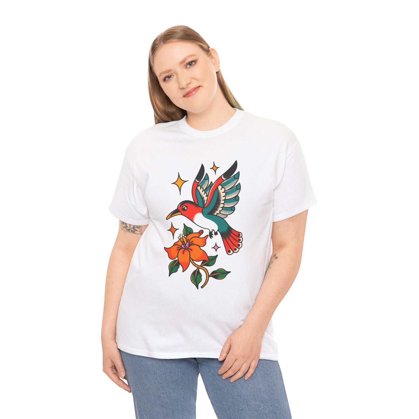 Vintage Hummingbird & Flower Unisex Heavy Cotton Tee - Nature-Inspired Graphic T-Shirt