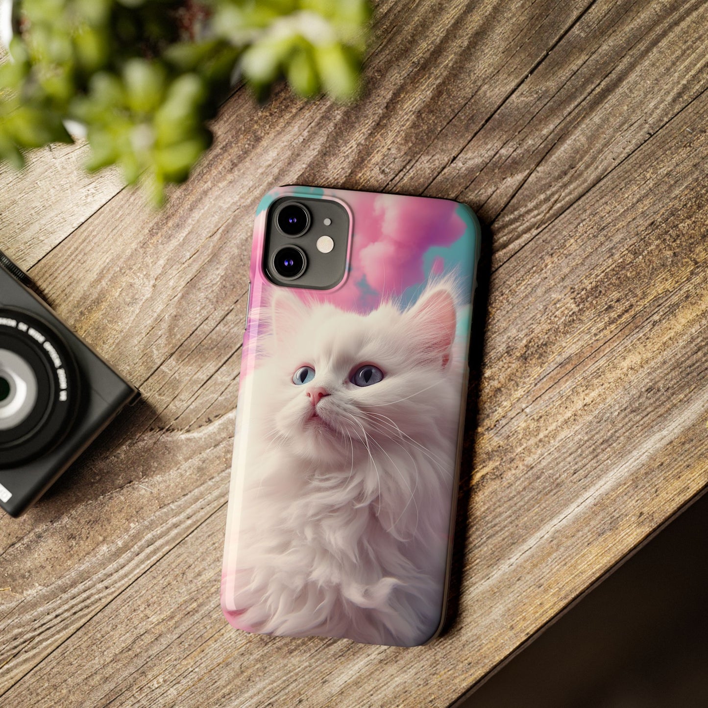 Whimsical Cat Slim Phone Case - Soft Pastel Clouds Design